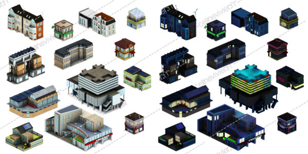 batiments isométriques Celine Vivier Graphiste serious game Lyon