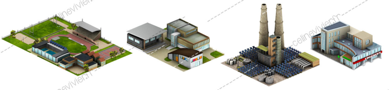 batiments isométriques Celine Vivier Graphiste serious game Lyon