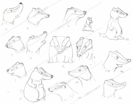 croquis mascotte blaireau Celine Vivier Illustrateur jeux éducatifs Lyon